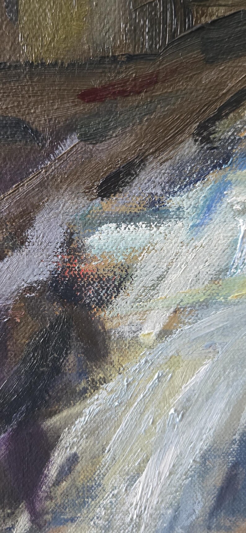 May include: Abstract oil painting with visible brushstrokes. The artwork features a palette of browns, whites, blues, and touches of red and yellow. The textured surface suggests a landscape or natural scene.
