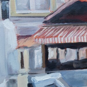 May include: A painting of a building with a red and white striped awning. The building is painted in shades of gray and brown. The awning is partially covering the windows of the building.
