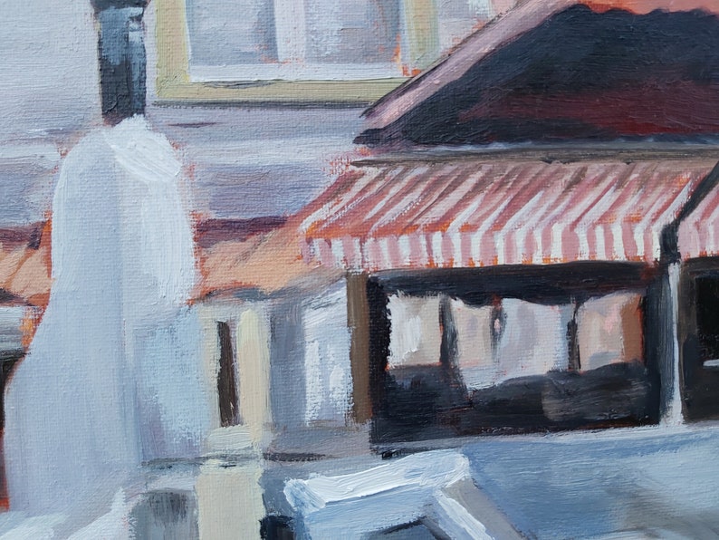 May include: A painting of a building with a red and white striped awning. The building is painted in shades of gray and brown. The awning is partially covering the windows of the building.