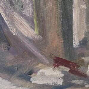 May include: An abstract oil painting with visible brushstrokes. The artwork features a palette of muted greens, browns, and grays, with accents of white, blue, and red. The textured surface suggests a landscape or natural scene.