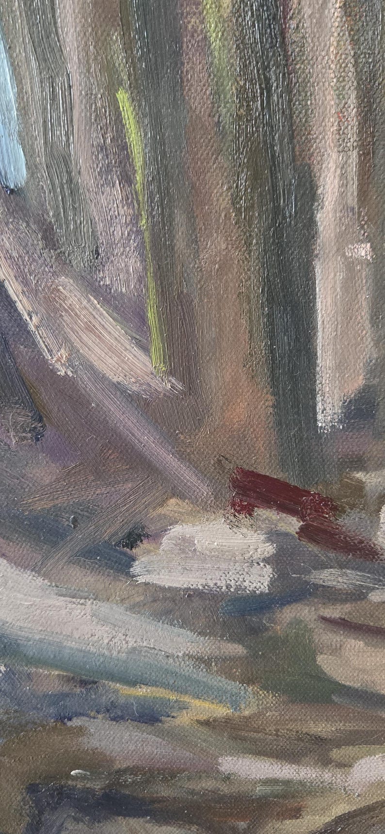 May include: An abstract oil painting with visible brushstrokes. The artwork features a palette of muted greens, browns, and grays, with accents of white, blue, and red. The textured surface suggests a landscape or natural scene.