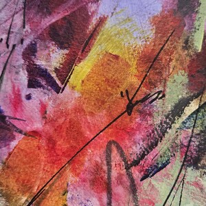 May include: An abstract painting featuring layered brushstrokes in shades of deep magenta, vibrant orange, soft lavender, and muted sage green. Thin, dark, hand-drawn ink lines intersect across the textured surface, creating a complex composition.