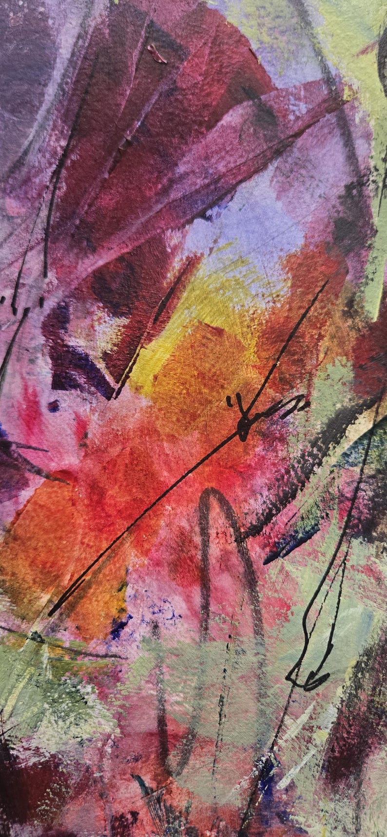 May include: An abstract painting featuring layered brushstrokes in shades of deep magenta, vibrant orange, soft lavender, and muted sage green. Thin, dark, hand-drawn ink lines intersect across the textured surface, creating a complex composition.
