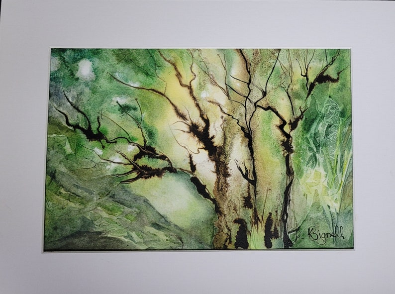 Puede incluir: Pintura acuarela de un &aacute;rbol con ramas marrones y hojas verdes. El fondo es de color verde claro y amarillo. La pintura est&aacute; firmada "K. Bignell" en la esquina inferior derecha.