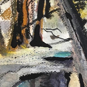 Puede incluir: Pintura abstracta de acuarela con pinceladas negras, marrones, grises y blancas. La pintura presenta un &aacute;rea oscura y sombr&iacute;a en el centro, rodeada de &aacute;reas de color m&aacute;s claras.