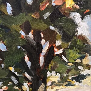 May include: An oil painting depicting a tree with a dark brown trunk and green leaves. The artwork uses visible brushstrokes and a palette of greens, browns, whites, and hints of yellow and orange, creating a textured, naturalistic scene.