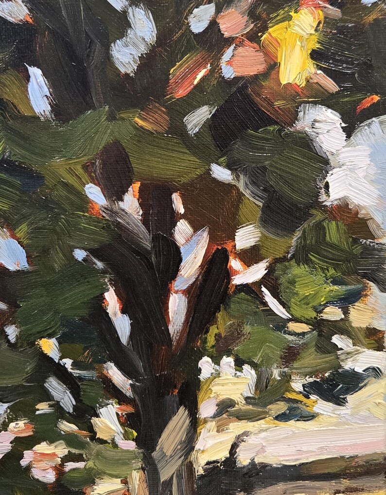 May include: An oil painting depicting a tree with a dark brown trunk and green leaves. The artwork uses visible brushstrokes and a palette of greens, browns, whites, and hints of yellow and orange, creating a textured, naturalistic scene.