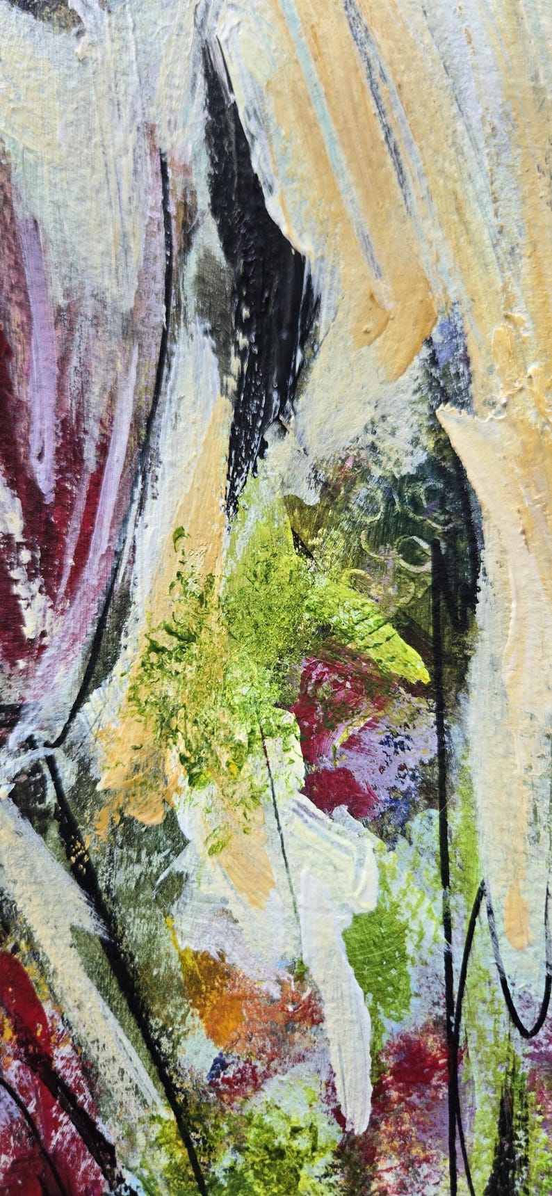 Pode incluir: Uma pintura abstrata com camadas espessas e texturizadas de tinta em tons de creme, verde-lim&atilde;o, vermelho profundo e preto. A composi&ccedil;&atilde;o exibe pinceladas ousadas e linhas pretas finas e n&iacute;tidas que se cruzam na superf&iacute;cie da tela.