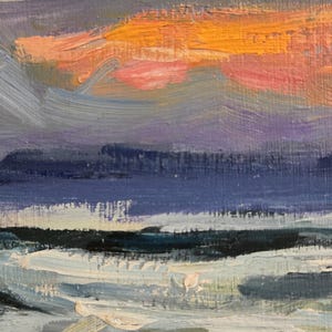 May include: An abstract oil painting of a sunset over the ocean. The sky transitions from orange to purple and gray, with brushstrokes suggesting clouds. The water is a mix of blues and whites, with visible texture.