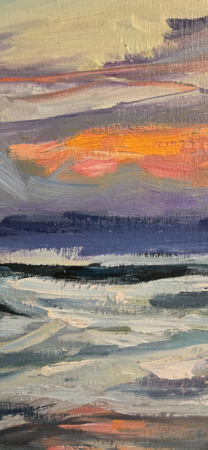 May include: An abstract oil painting of a sunset over the ocean. The sky transitions from orange to purple and gray, with brushstrokes suggesting clouds. The water is a mix of blues and whites, with visible texture.