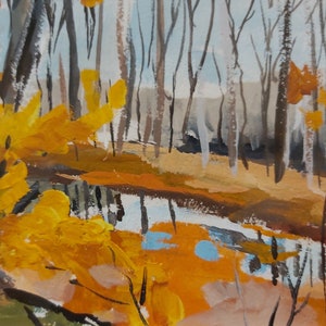 May include: A painting of a forest scene with a stream running through it. The trees are bare and the leaves are a mix of yellow, orange, and brown. The stream is a light blue color and reflects the sky.