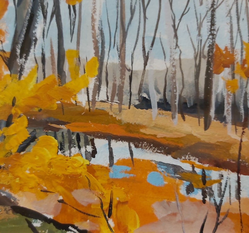 May include: A painting of a forest scene with a stream running through it. The trees are bare and the leaves are a mix of yellow, orange, and brown. The stream is a light blue color and reflects the sky.