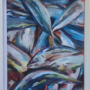 May include: A painting of a pile of fish, with blue, green, and white hues. The fish are arranged in a chaotic manner, with some overlapping others. The painting is signed "Bignell" in the bottom right corner.
