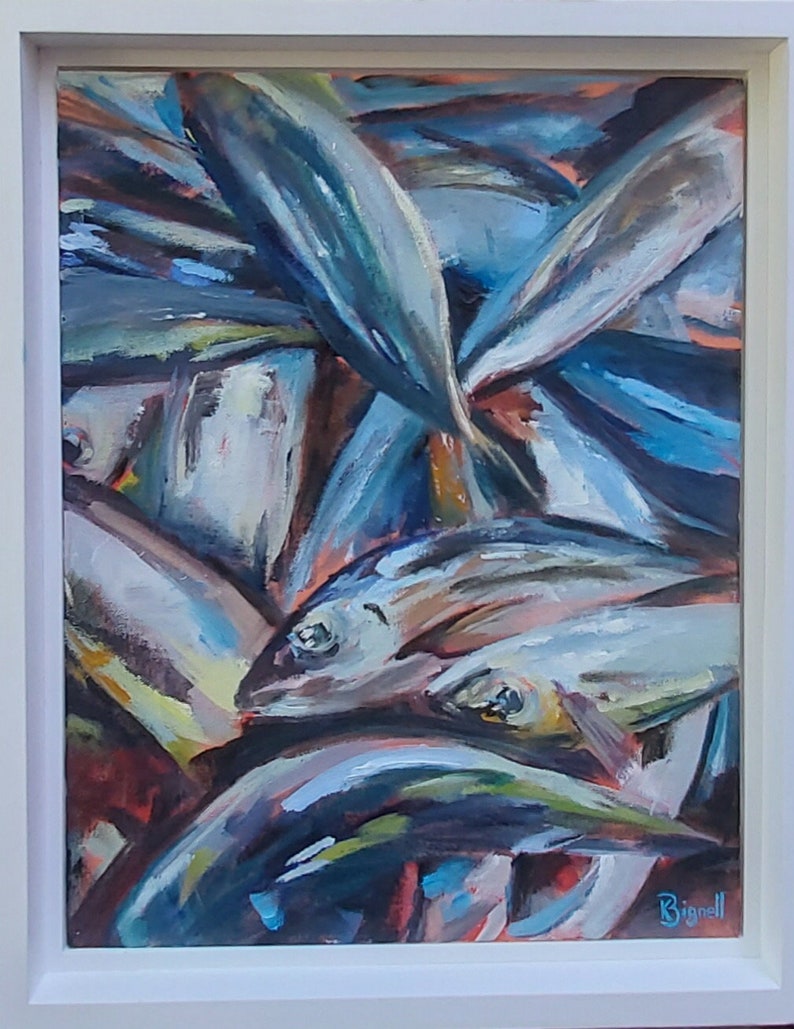 May include: A painting of a pile of fish, with blue, green, and white hues. The fish are arranged in a chaotic manner, with some overlapping others. The painting is signed "Bignell" in the bottom right corner.