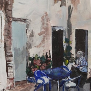May include: A painting of a patio scene with a blue table and chairs, a potted plant, and a person sitting in a chair. The walls are painted in shades of white, brown, and gray.