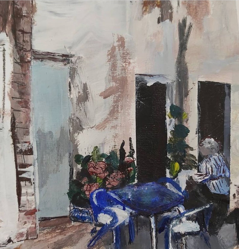 May include: A painting of a patio scene with a blue table and chairs, a potted plant, and a person sitting in a chair. The walls are painted in shades of white, brown, and gray.