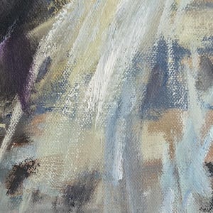 May include: An abstract oil painting depicting a waterfall. The artwork uses a palette of blues, whites, and browns to create a sense of movement and depth. The brushstrokes are visible, adding texture to the piece.