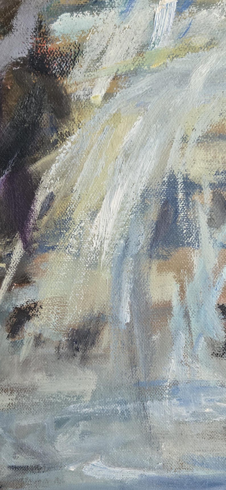 May include: An abstract oil painting depicting a waterfall. The artwork uses a palette of blues, whites, and browns to create a sense of movement and depth. The brushstrokes are visible, adding texture to the piece.