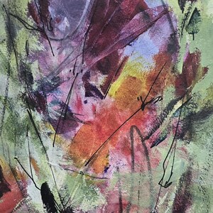 May include: An abstract painting featuring layered brushstrokes in shades of sage green, deep burgundy, violet, and bright orange. The composition includes thin, dark, hand-drawn ink lines that crisscross the surface, with the signature Bigel in black.