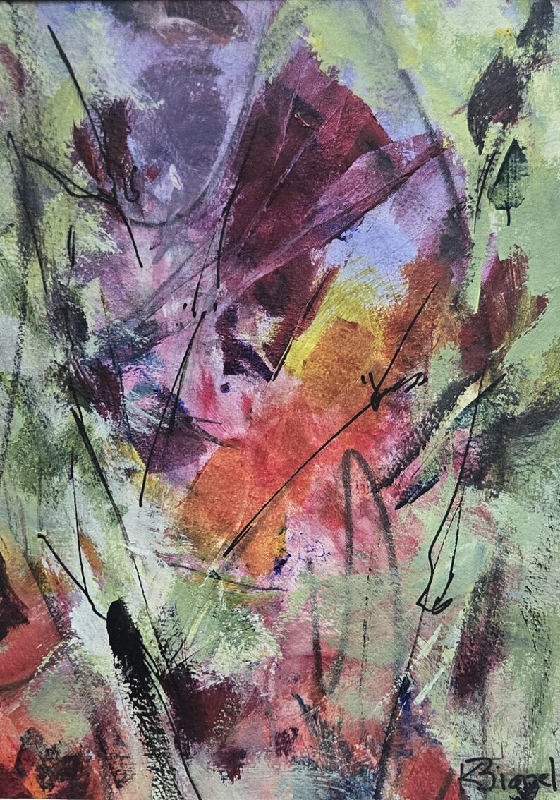 May include: An abstract painting featuring layered brushstrokes in shades of sage green, deep burgundy, violet, and bright orange. The composition includes thin, dark, hand-drawn ink lines that crisscross the surface, with the signature Bigel in black.