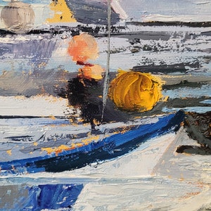 May include: Impressionistic oil painting depicting a coastal scene with boats and buoys. The artwork features a palette of blues, whites, grays, and yellows, with visible brushstrokes creating texture. The composition suggests a harbor or seaside setting.