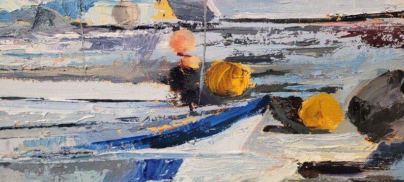 May include: Impressionistic oil painting depicting a coastal scene with boats and buoys. The artwork features a palette of blues, whites, grays, and yellows, with visible brushstrokes creating texture. The composition suggests a harbor or seaside setting.