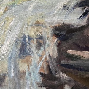May include: An abstract oil painting depicting a waterfall cascading over rocks. The artwork uses a palette of blues, whites, browns, and tans to create a sense of depth and movement. The brushstrokes are visible, adding texture.