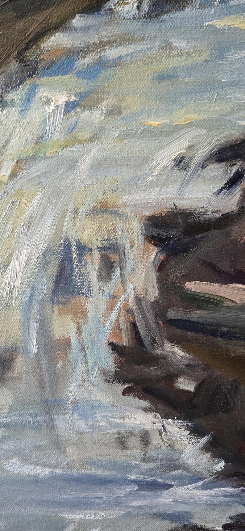 May include: An abstract oil painting depicting a waterfall cascading over rocks. The artwork uses a palette of blues, whites, browns, and tans to create a sense of depth and movement. The brushstrokes are visible, adding texture.