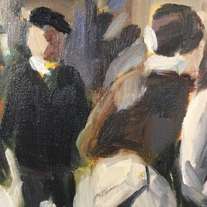May include: A painting of a group of people in a dimly lit setting. The figures are mostly obscured by shadows, but their clothing and postures suggest they are in a social gathering. The painting is done in a loose, impressionistic style, with broad brushstrokes and a focus on capturing the atmosphere of the scene.