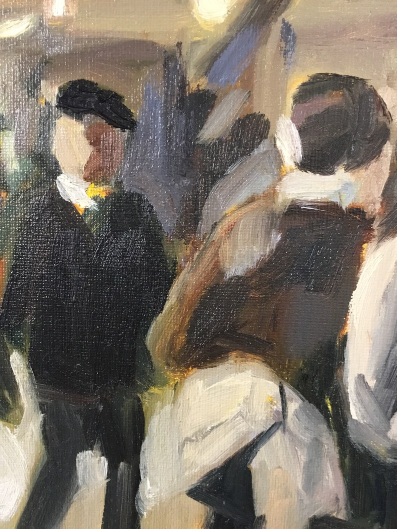 May include: A painting of a group of people in a dimly lit setting. The figures are mostly obscured by shadows, but their clothing and postures suggest they are in a social gathering. The painting is done in a loose, impressionistic style, with broad brushstrokes and a focus on capturing the atmosphere of the scene.