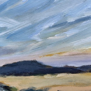 May include: A painting of a landscape with a blue sky and a dark mountain range in the distance. The sky is painted with thick, white brushstrokes, and the mountains are painted with dark blue brushstrokes.