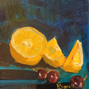 May include: A still life painting of three orange slices and three red cherries on a dark blue background. The painting is signed "K. Bignell".