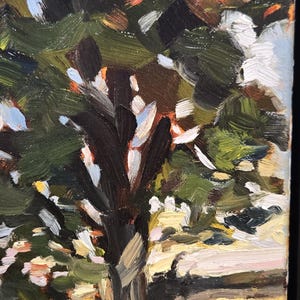 May include: Oil painting of a tree with a dark brown trunk and green and white leaves, in a black frame. The artist's signature, Bignell, is in the bottom right corner. The background shows yellow and green fields. A landscape artwork.