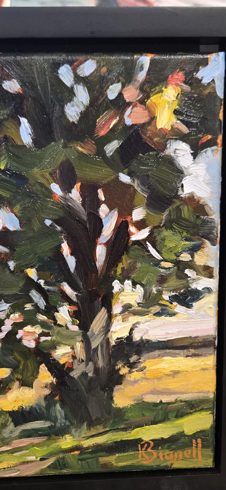 May include: Oil painting of a tree with a dark brown trunk and green and white leaves, in a black frame. The artist's signature, Bignell, is in the bottom right corner. The background shows yellow and green fields. A landscape artwork.