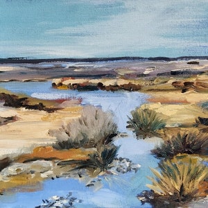 May include: A painting of a landscape with a blue stream winding through a field of brown and green grasses. The sky is a light blue with white clouds.