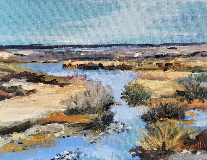 May include: A painting of a landscape with a blue stream winding through a field of brown and green grasses. The sky is a light blue with white clouds.