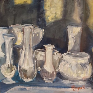 Original oil painting still life, white vases on square foot canvas, contemporary, unique piece bild 1