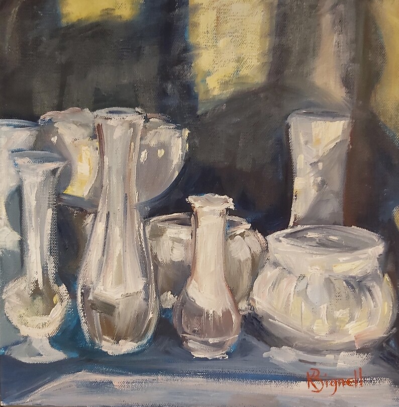 Original oil painting still life, white vases on square foot canvas, contemporary, unique piece bild 1