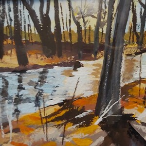 May include: A painting of a forest scene with a stream running through it. The trees are mostly brown and black, and the stream is a light blue color. The ground is covered in brown and yellow leaves.