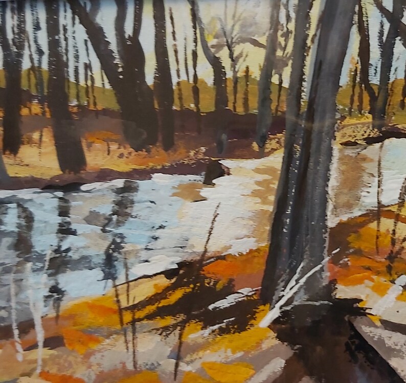 May include: A painting of a forest scene with a stream running through it. The trees are mostly brown and black, and the stream is a light blue color. The ground is covered in brown and yellow leaves.