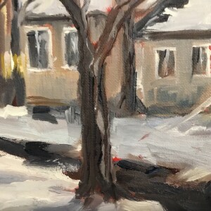 May include: A painting of a snowy street scene with a tree in the foreground. The tree has two trunks and is painted in shades of brown. The houses in the background are painted in shades of gray and white.