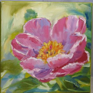 May include: A close-up painting of a pink peony flower with a yellow center. The flower is painted in a loose, impressionistic style with visible brushstrokes. The background is a soft green.