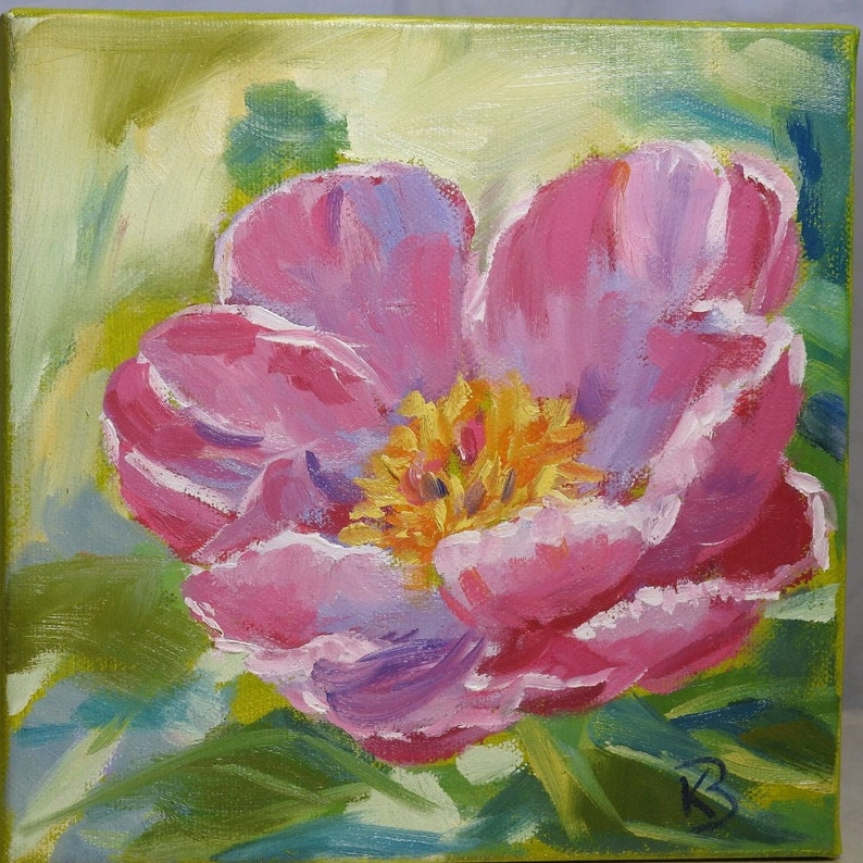 May include: A close-up painting of a pink peony flower with a yellow center. The flower is painted in a loose, impressionistic style with visible brushstrokes. The background is a soft green.