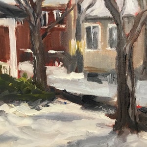 May include: A painting of a snowy street scene with two houses and bare trees. The houses are painted in shades of brown and gray, and the trees are painted in shades of brown and black. The snow is painted in shades of white and gray.