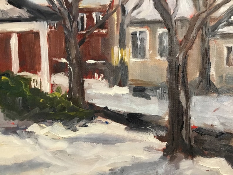 May include: A painting of a snowy street scene with two houses and bare trees. The houses are painted in shades of brown and gray, and the trees are painted in shades of brown and black. The snow is painted in shades of white and gray.