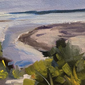 K&ouml;nnte beinhalten: Ein Gem&auml;lde einer Meereslandschaft mit einem Sandstrand und einem Gew&auml;sser im Hintergrund. Im Vordergrund eine Nahaufnahme von gr&uuml;nem Laub mit der Signatur "R. Bignell" unten rechts.