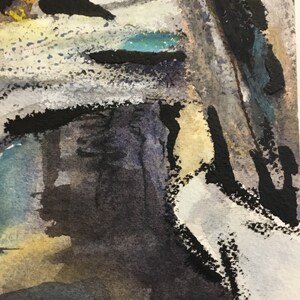 May include: Abstract watercolor painting with black, white, gray, blue, and yellow paint. The painting has a textured look and appears to be a landscape.