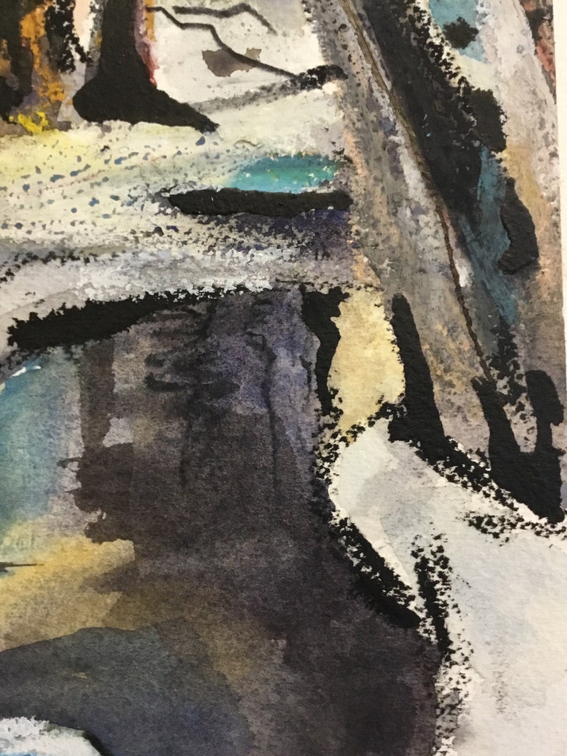 May include: Abstract watercolor painting with black, white, gray, blue, and yellow paint. The painting has a textured look and appears to be a landscape.