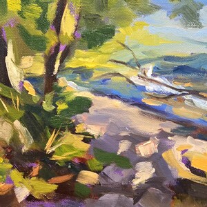 May include: A painting of a landscape with a tree in the foreground and a body of water in the background. The tree is painted in shades of green and yellow, while the water is painted in shades of blue and white.