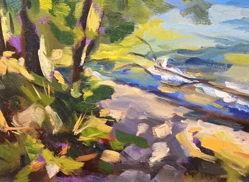 May include: A painting of a landscape with a tree in the foreground and a body of water in the background. The tree is painted in shades of green and yellow, while the water is painted in shades of blue and white.